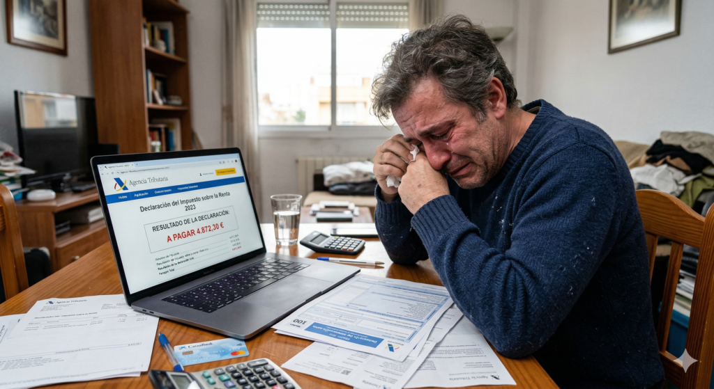 Un hombre llora desconsoladamente porque la declaración de la renta sale a pagar.